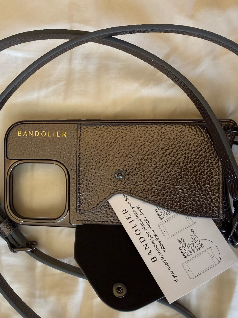 Bandolier Metallic Gray Leather Crossbody Phone Case with Gold Logo Accent - Picture 3 of 7